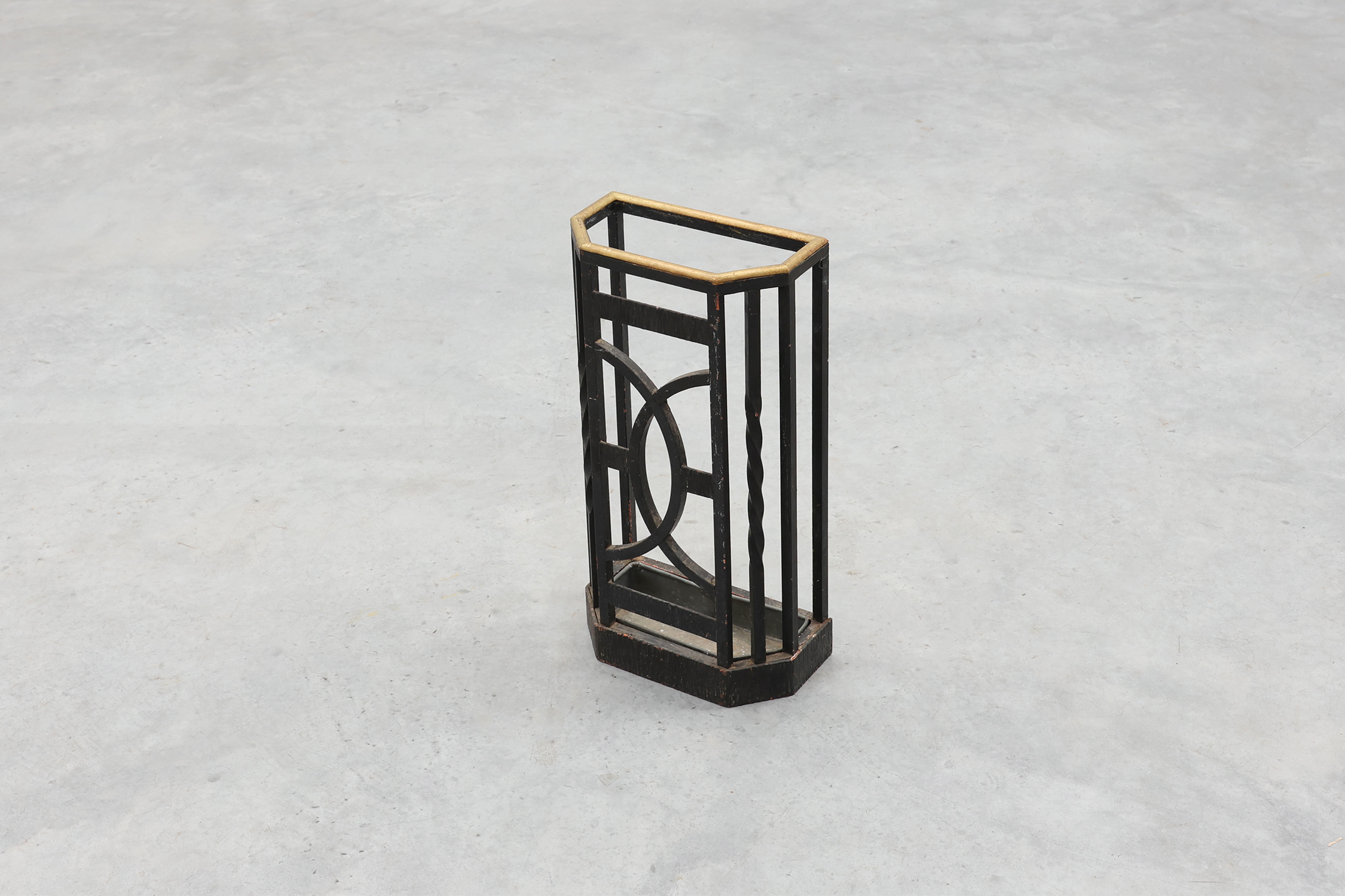 Art Deco metal umbrella stand with geometric openwork and brass rim, Belgium, 1920sthumbnail